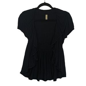 FASHION EXIT Black Smocked Back Short Sleeve Open Cardigan Shawl Medium